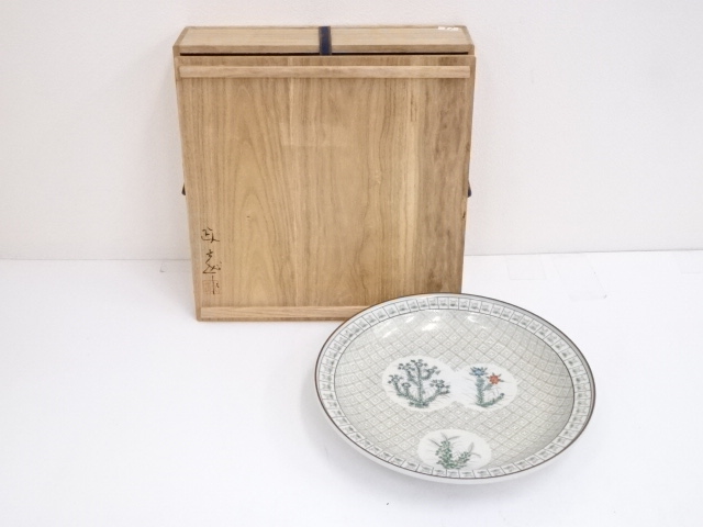 JAPANESE PORCELAIN KUTANI WARE / ORNAMENTAL PLATE / PLANTS 